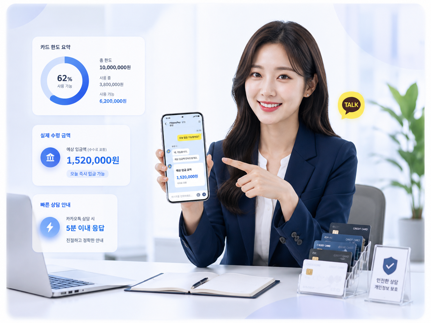 카카오톡 상담과 할부 조건, 실수령액 안내를 보여주는 서비스 이미지